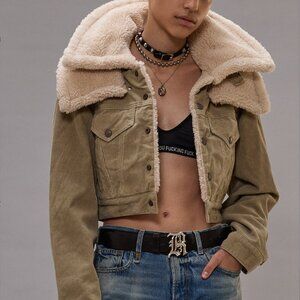 NWT R13 Crop Trucker Jacket Stone Pinwale Cord Corduroy & Faux-Sherpa